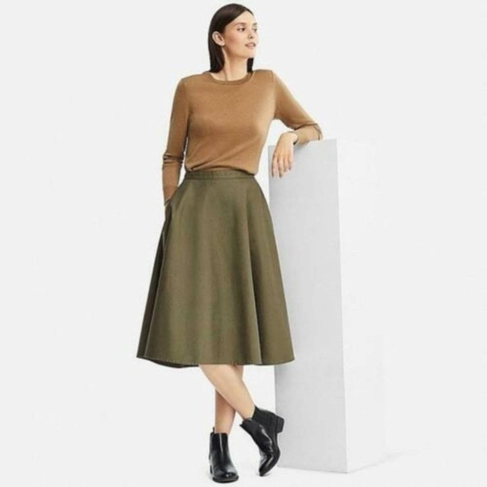 Uniqlo Cotton High Waist Circle Skirt Olive Green